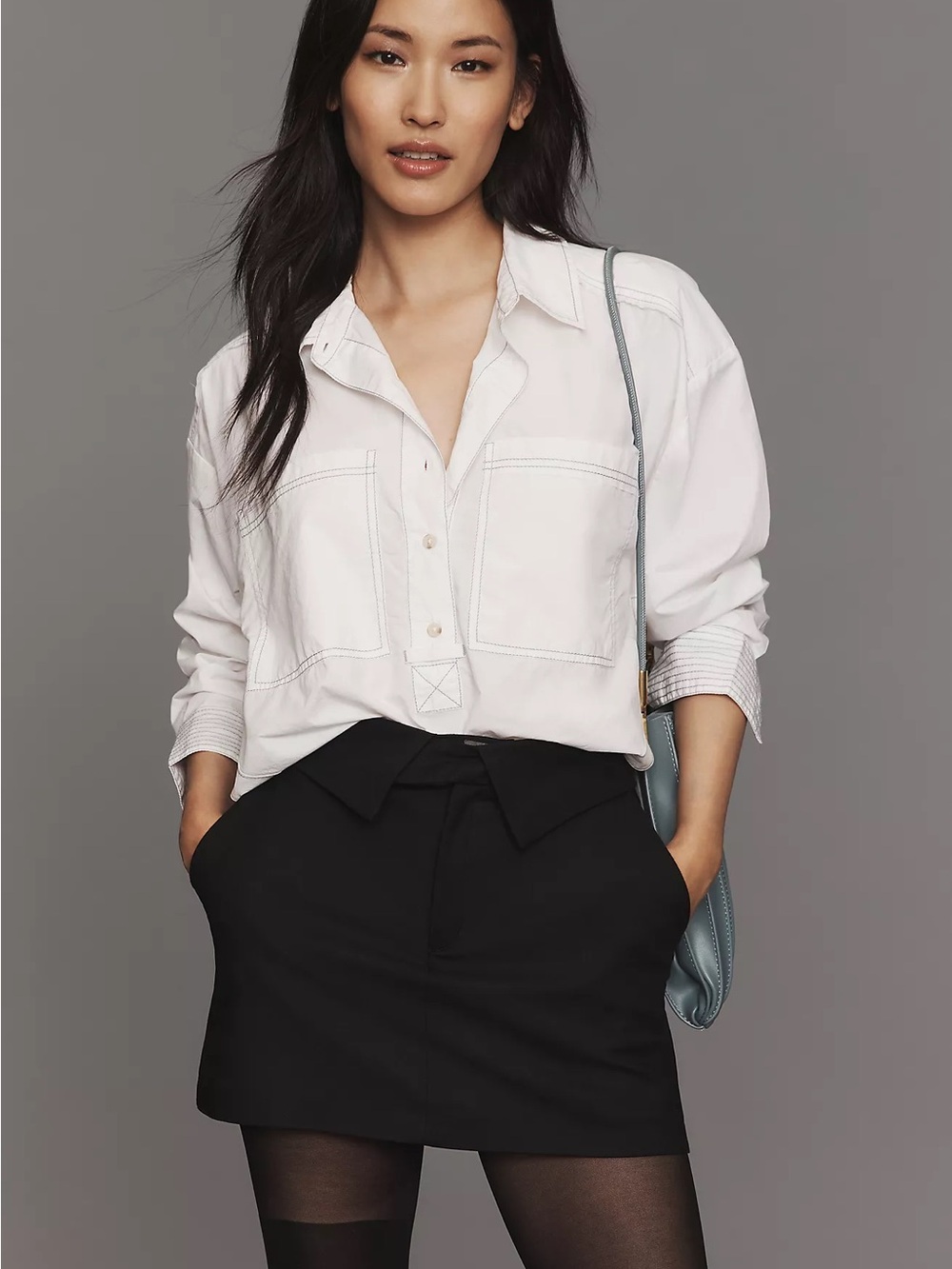 Pilcro Oversized Cropped White Button-Down Patch Pocket Shirt